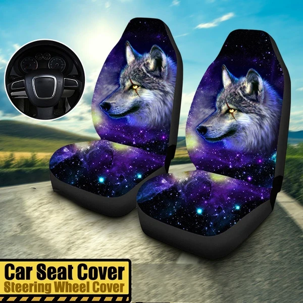 

NEW-2Pcs Car Universal Starry Sky Wolf Printed Car Seat Cover Seat Cushion Protector Cover for Car SUV