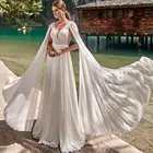 Очаровательное кружевное пляжное длинное шифоновое свадебное платье-накидка трапециевидной формы 2022 с V-образным вырезом и открытой спиной индивидуальный пошив уличное официальное свадебное платье для невесты