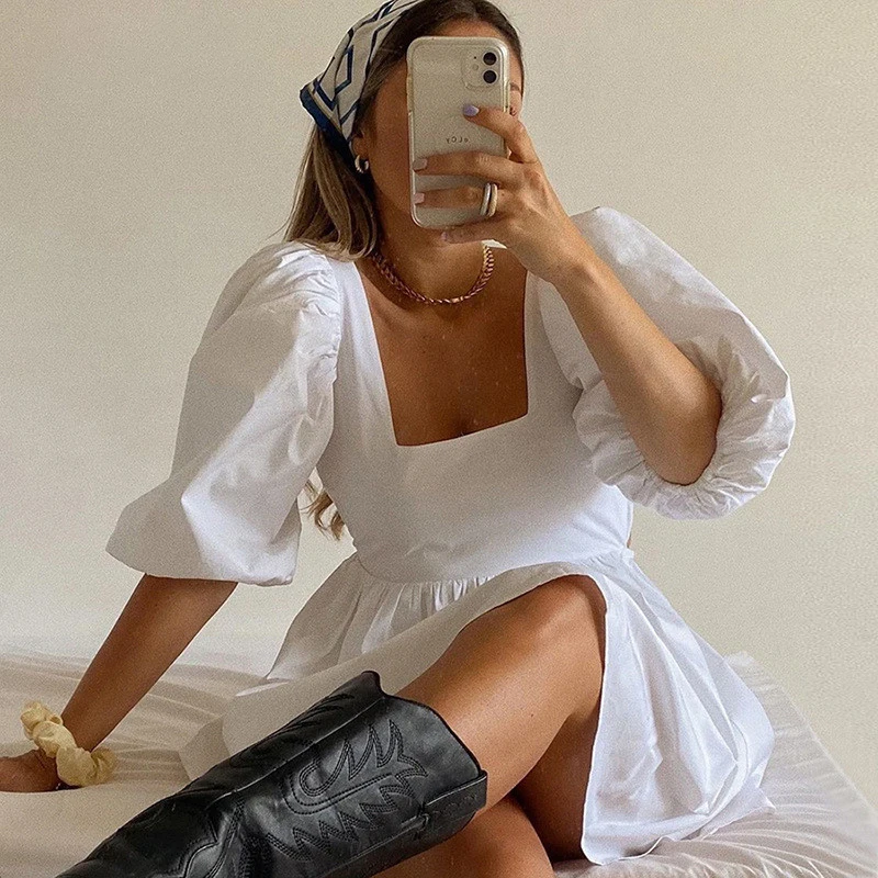 

White Sexy Backless Lace Up Mini Dresses Puff Sleeve Sweet Dresses Summer Holiday Beach Sundress Elegant Dress Clothes 2022 Hot