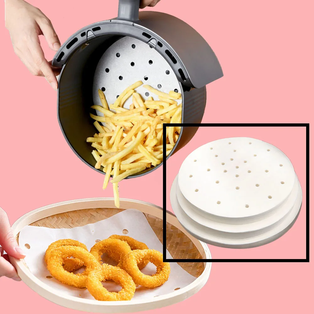 

100Pc/Bag Air Fryer Steamer Liners Premium Perforated Wood Pulp Papers Non-Stick Steaming Basket Mat Baking Utensils For Kitchen