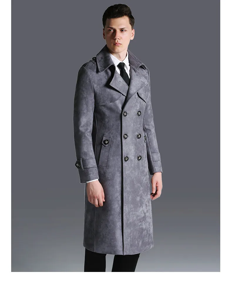 Plus Size Winter Long Jacket Men Suede Windbreaker Mens Black Leather Trench Coat Slim Cloak Male Outerwear Long Coat 5XL 6XL