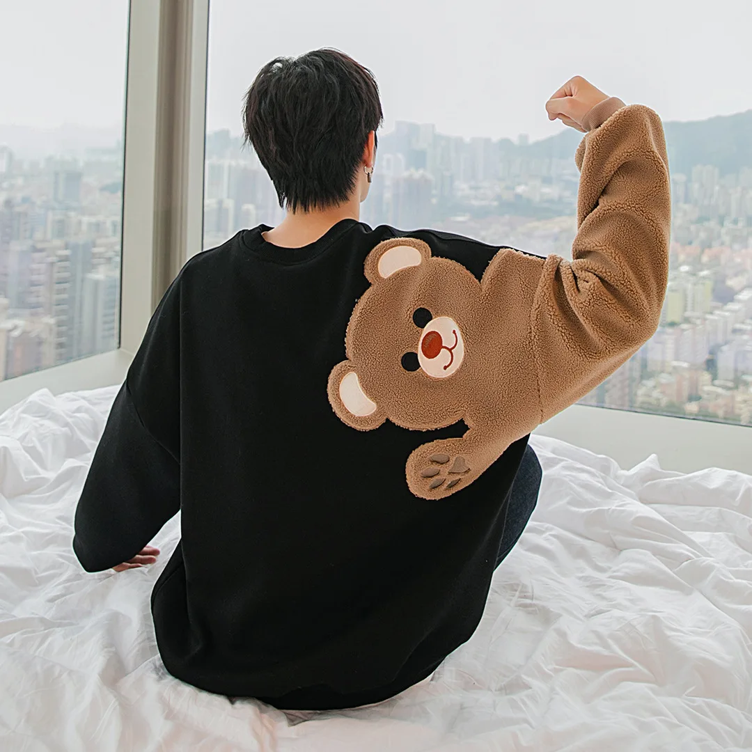 

Teddy Bear Sweatshirt Man Spring Autumn Plush Thick Black Pullovers 2021 Men O Neck Long-sleeved Lamb Embroidery Coat Sweatshirt