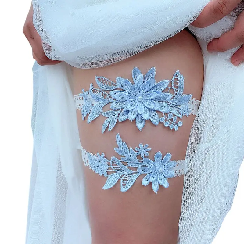 

83XC Womens Bridal Stretch Lace Thigh Rings Set Sky Blue Embroidered Flower Applique Patchwork Faux Pearl Wedding Prom Garter