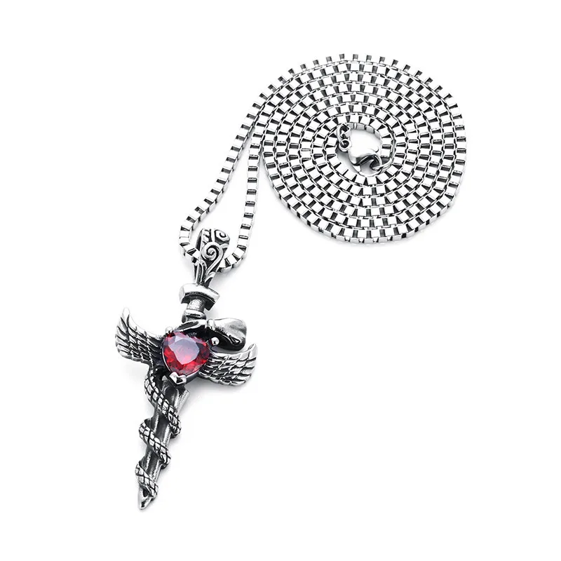 New domineering cross snake sword Men's pendant Hipster inlay red love crystal Wing titanium steel necklace birthday gifts | Украшения