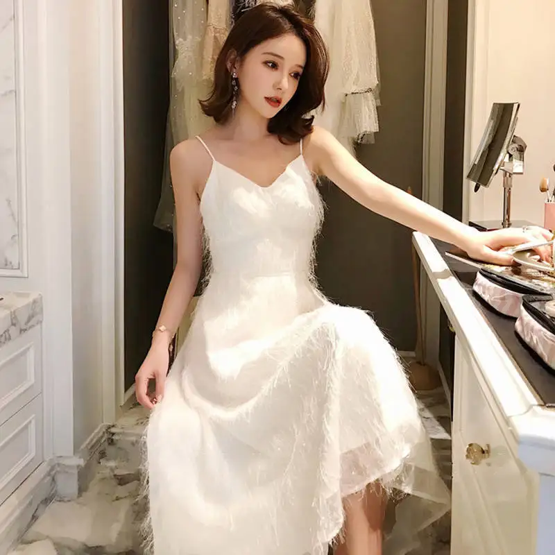 

Women 2020 Summer Tassel Evening Party Dresses Female Chic Sling Sweet Elegant Dress Ladies Backless Slim Princess Vestidos Y316