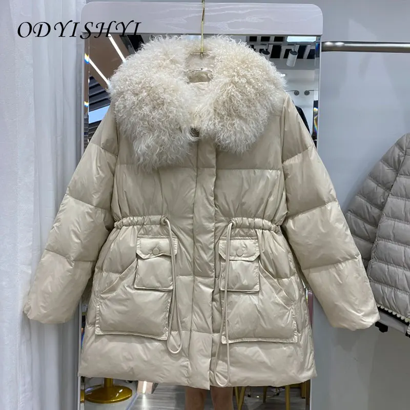 

2021 Winter Women Down Jacket Lambs Hair Fur Collar Outdoor Snow Coat Mid Long Adjustable Waist Slim Overcoat Female Warm Parka