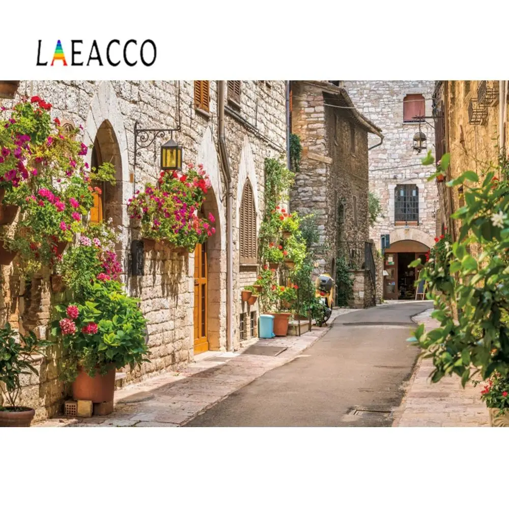 Laeacco фон Весна фотография Старый город каменный дом в горшках цветы аллея