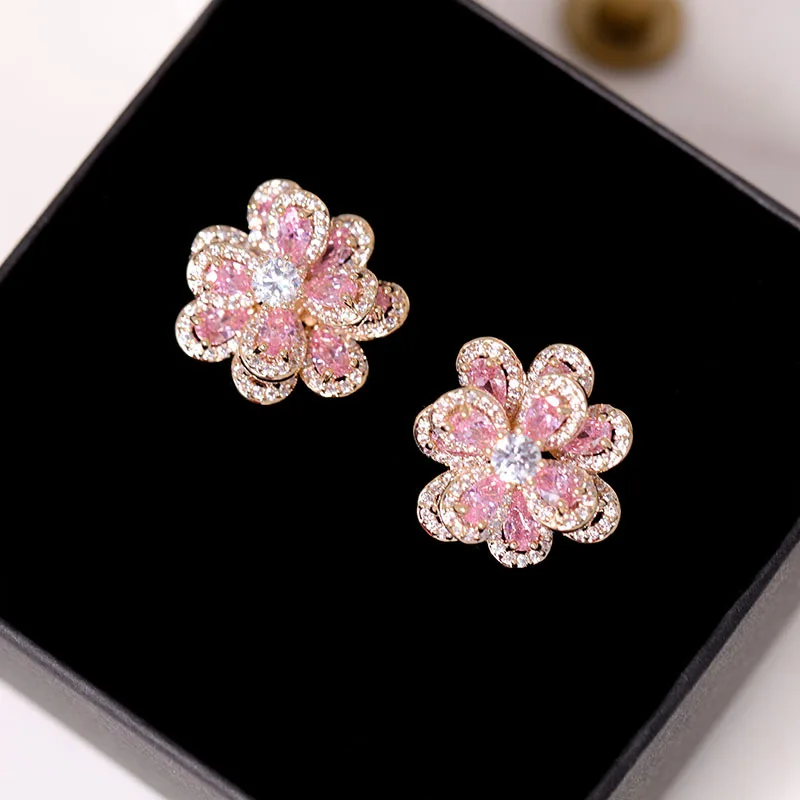 New Fashion Three-dimensional Flower Stud Earrings For Women 2022 hot Shining Crystal Zirconia Stud Earring Brand Jewellery