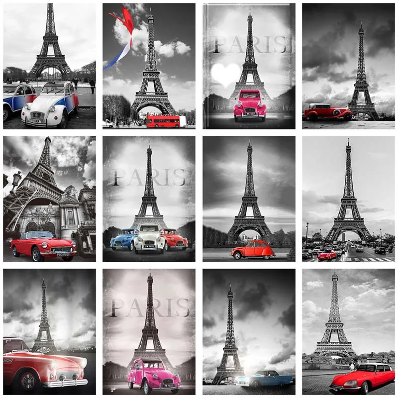 

Paris Tower DIY Diamond Painting Black White City Scenery Full Drill Mosaic Embroidery Cross Stitch Living Room Decor Art