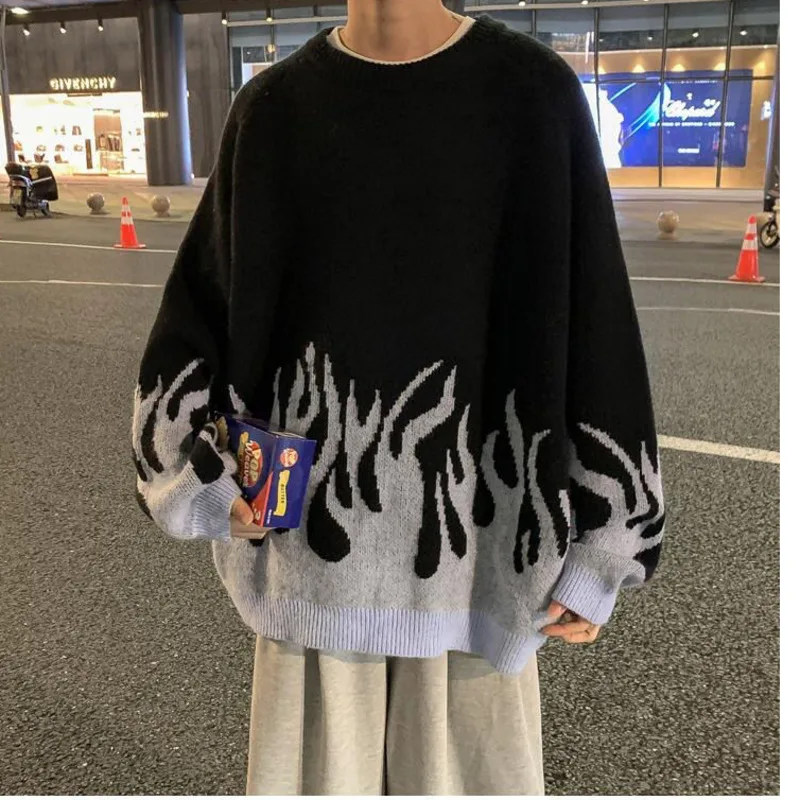 Новинка 2021 женский свитер в стиле хип-хоп жаккардовый с рисунком пламени пуловер