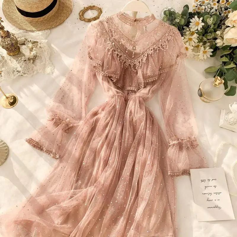 

Summer Women's Dress French Solid Color Ruffled Sequins Beaded Mesh Dress New Waist Flared Sleeve Female Dresses HH192