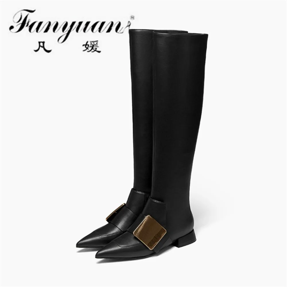 

Fanyuan Metal Decoration Cambat Boots For Women Knee High Genuine Leather Thick Heels Shoes Woman Party Casual Tight High Boots