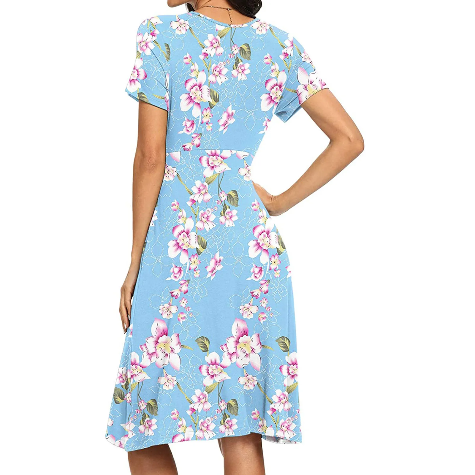 

Summer Women Mdidi Dress Fashion Casual Comfy Flower Print V-Neck Short Sleeve Dress With Pocketed Female Loose Dresses#35