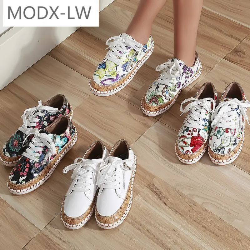 

New Popular Womens Shoes Plus Size Color Matching and Printing Lace-up Flat Shoes Women's Casual Shallow Mouth Womens Sneakers