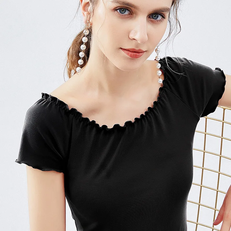 

Summer new women's wear big round neck short sleeve T-shirt solid color Xinji half sleeve cotton T-shirt exposed clavicle top