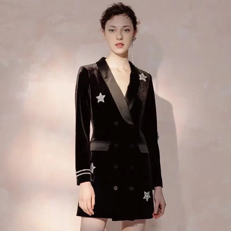 Осень 2019 Новое поступление черные бархатные женские пальто однобортные тонкие