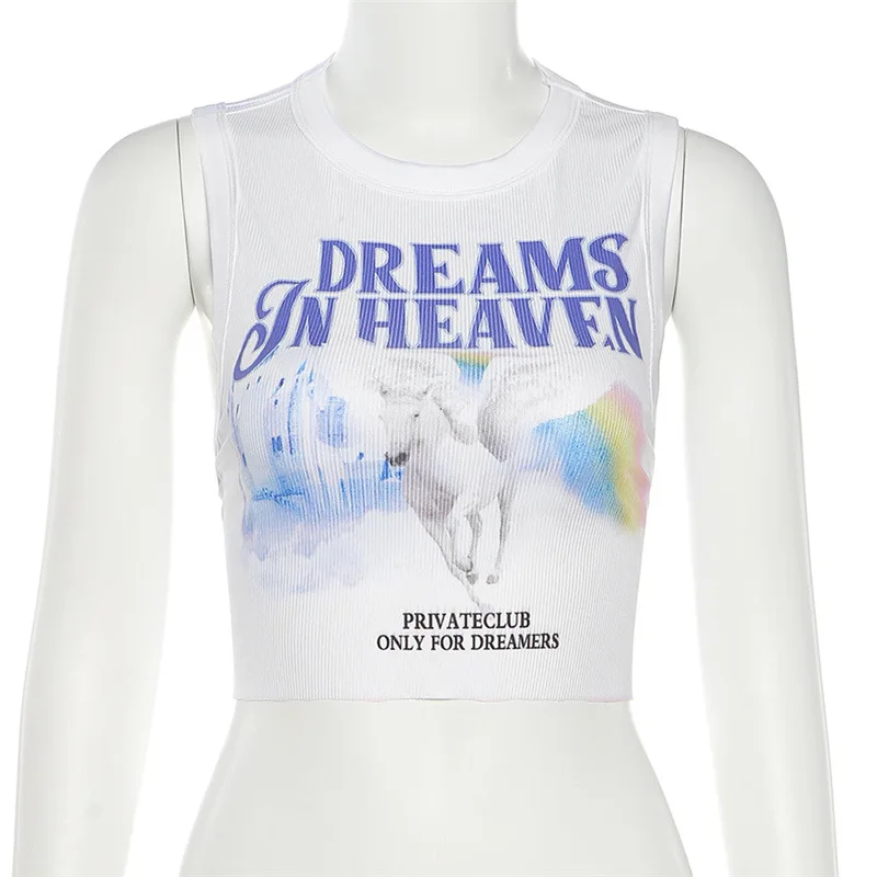 

Y2K Aesthetics Cartoon Print White Crop Tops Summer Streetwear 90s O-neck Sleeveless Tank Tops 2021 E-girl Fashion Vests
