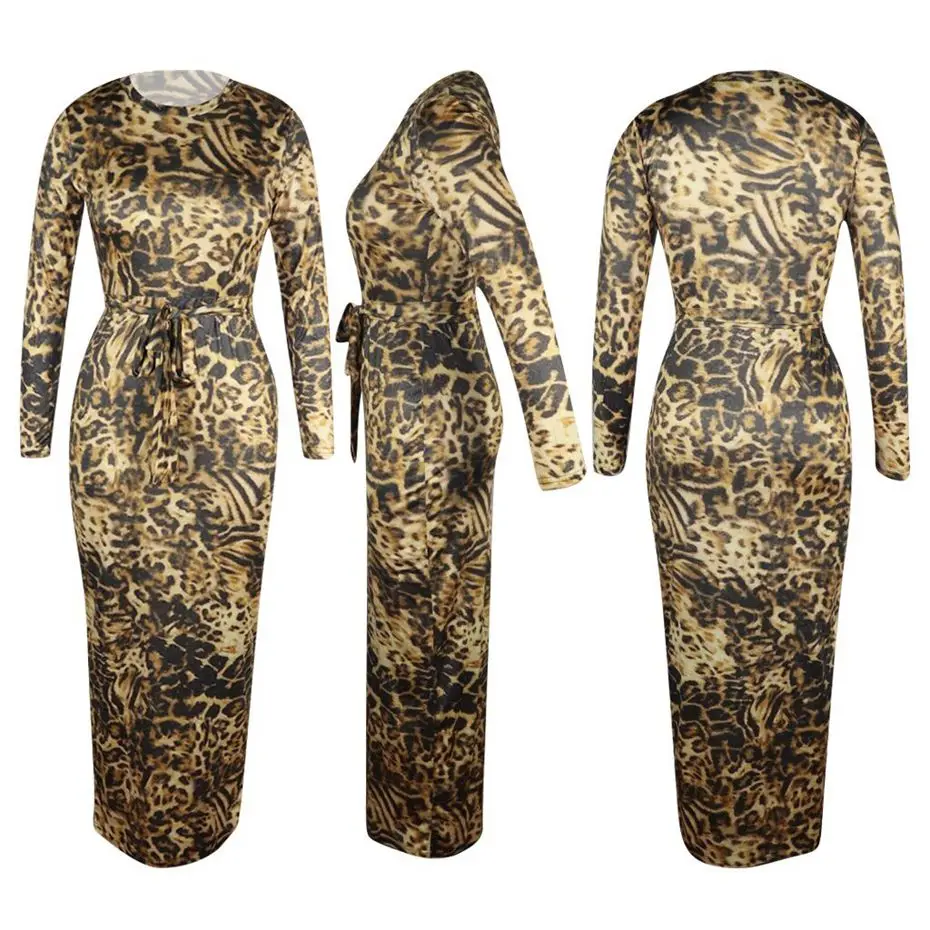 HAOYUAN леопардовое Платье макси с длинным рукавом женская осенняя одежда Vestidos Cheetah с принтом элегантное сексуальное облегающее платье для ночного клуба