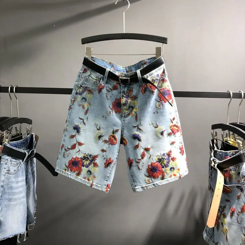 

High waist 3D printed quarter jeans casual loose versatile short