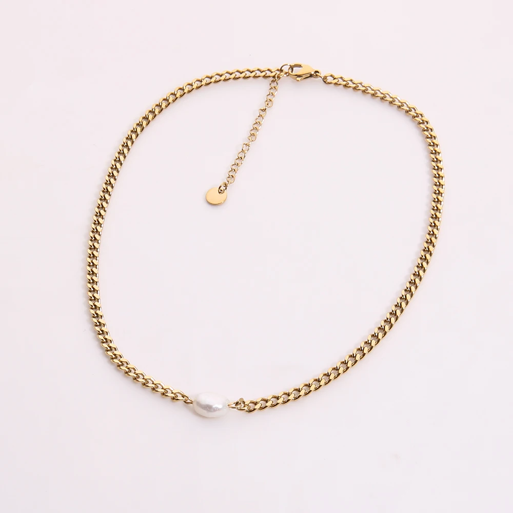 PVD Gold Plated 316L Stainless Steel Waterproof Cuban Curb Link Pearl Charm Necklace for Women Girls Trendy Jewelry Gift