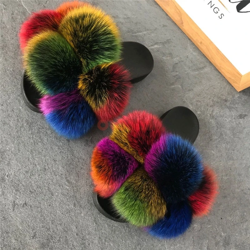 Fox Hair Slippers Women Fur Home Fluffy Sliders Plush Furry Summer Flats Sweet Ladies Shoes Large Size 45 Hot Sale Cute Pantufas