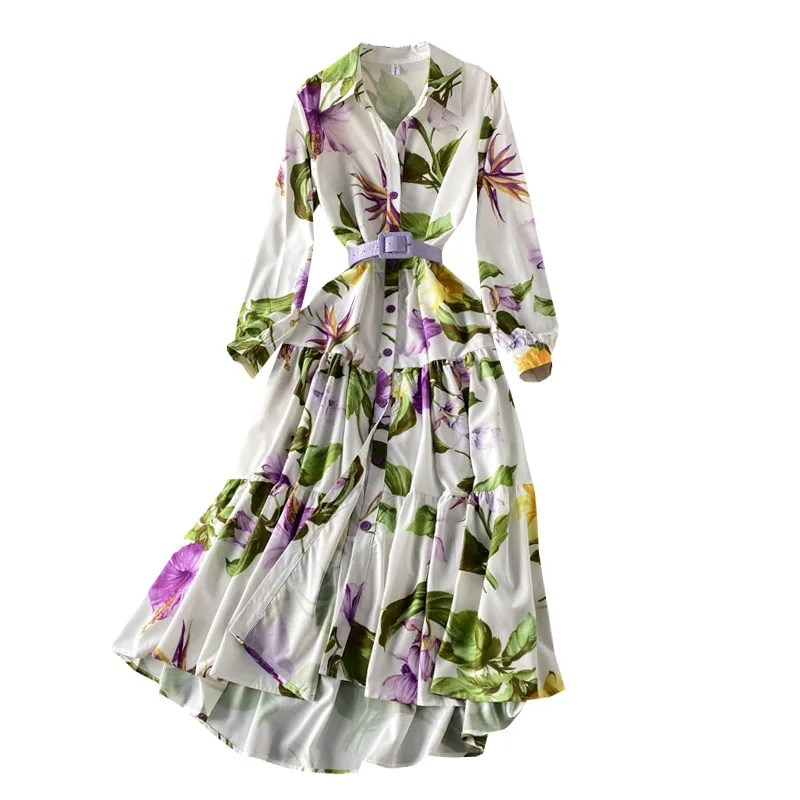 

Lapel long sleeve print waist down slim swing long 2021 spring elegant temperament shirt collar dress
