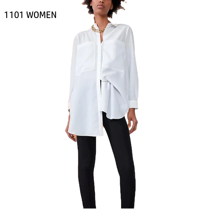 Женская блузка ZA белая длинная с карманами и длинным рукавом|Блузки| |