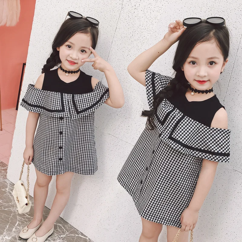Платье для девочек с открытыми плечами черное летнее клетчатое Повседневное
