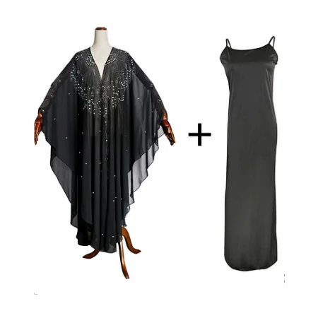 

2 Piece Dress Women's Muslim Dubai Bat Sleeves Hot Drilling High Quality Exquisite Hooded Chiffon Plus Size Robe Long Skirt 2021