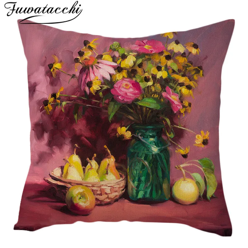 

Fuwatacchi European Retro Birds and Flowers Art Cushion Cover Vintage Oil Painting Flowers Cushion Cover Beige Linen Pillowcase