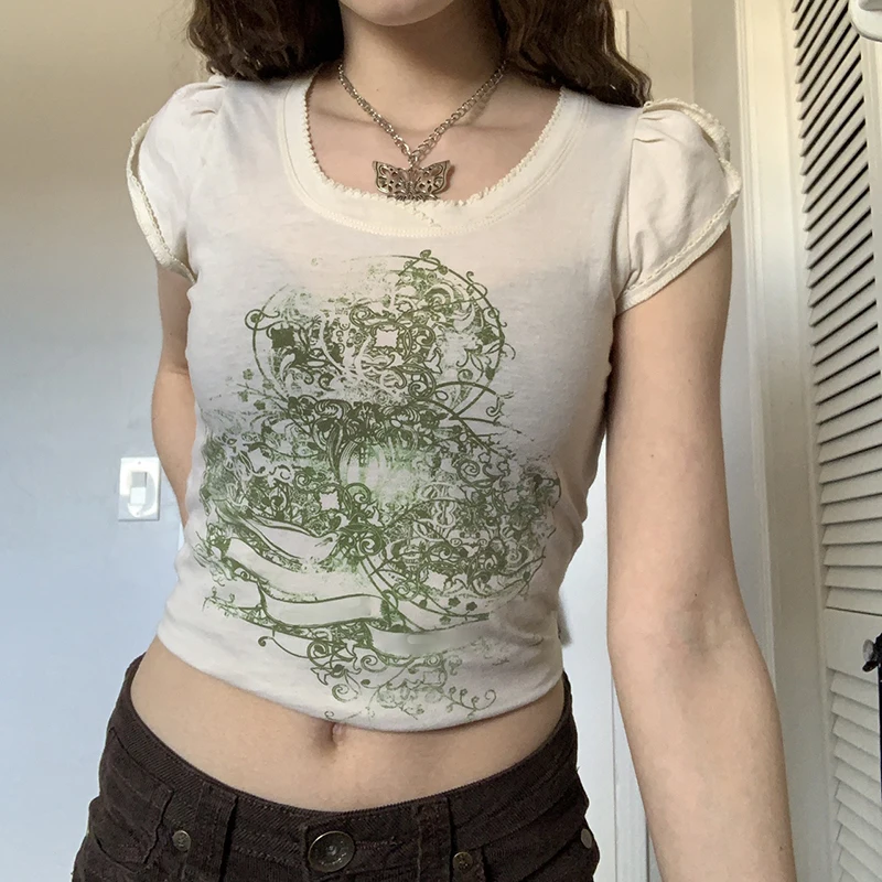 

Укороченный топ с графическим принтом в стиле ретро 90-х годов, винтажная Милая футболка с коротким рукавом и оборками, Женский пуловер в эст...