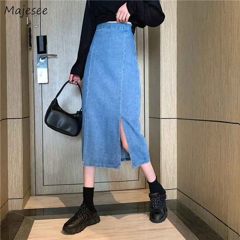 

Юбка женская джинсовая макси, Элегантная Модная тонкая офисная юбка-трапеция с завышенной талией и разрезом, однотонная винтажная в Корейс...