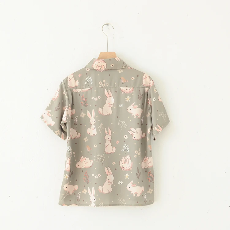 

Summer new style Japanese small fresh rabbit print turn-down collar chiffon shirt women