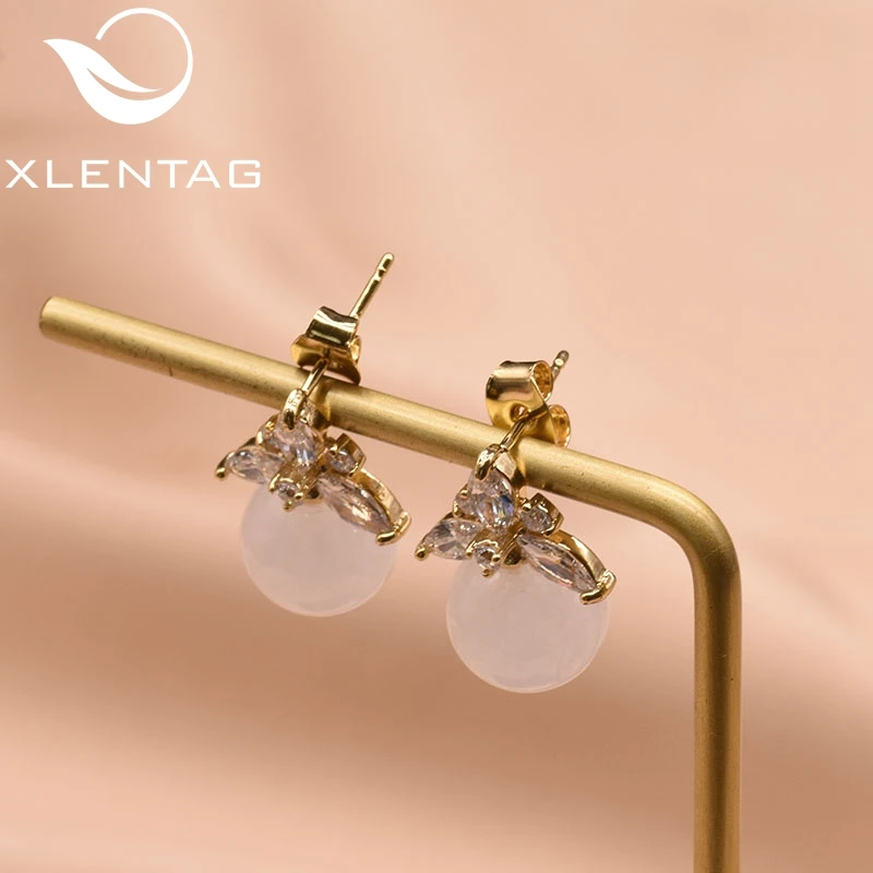 XlentAg натуральный циркон цветок висячие серьги женщин Клевер розовый круглый