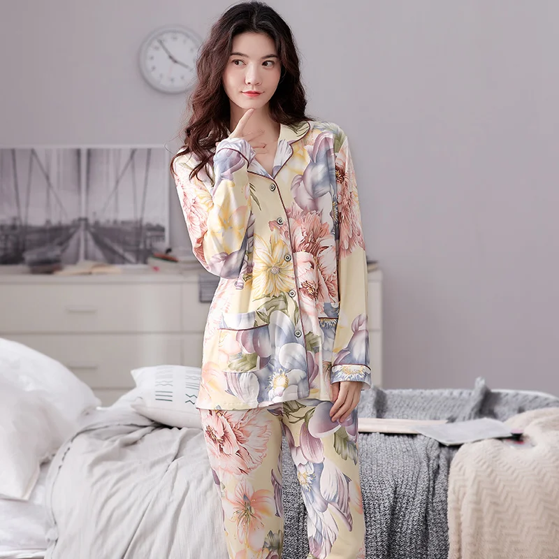 

New Arrival Autumn Cotton Women Pajamas Floral Pyjamas Long Sleeve Turn-down Collar Elegant Casual Soft Plus Size Sleepwear Suit