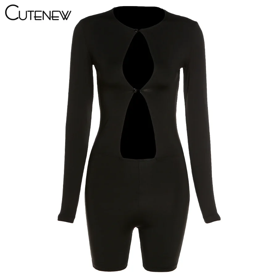 

Cutenew Sexy Solid Color Hollow Out Long Sleeve Rompers Women 2021 Summer Elastic Skinny Streetwear Classic Round Neck Bodysuit