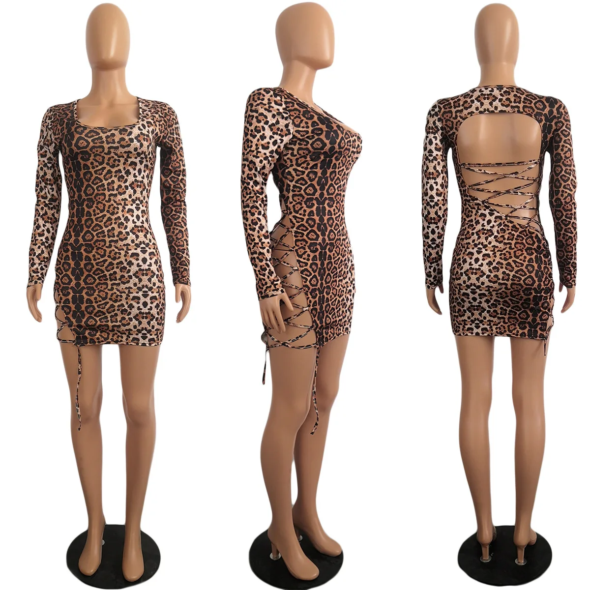 

Women Leopard Print Bodycon Dress Criss-cross Lace Up Cut Out Backless Long Sleeve Mini Dresses Sexy Night Club Party Wrap Robe