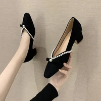 2021 autumn new style french romantic pearl ladies fashion square head thick heel shallow mouth leather mary jane female