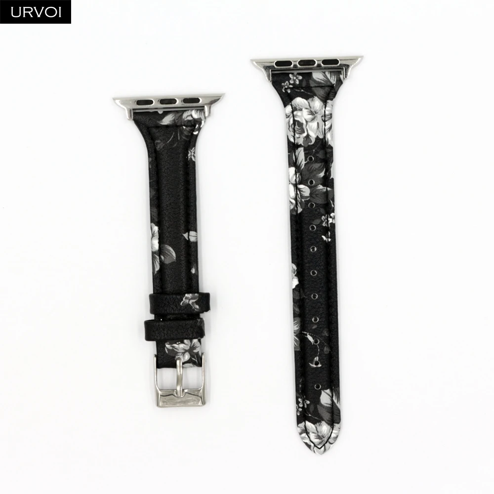White flower URVOI тонкий ремешок для наручных часов Apple Watch, версии 5/4 3/2/1 пояса из натуральной кожи swift кожаный ремешок для наручных часов iWatch, наручные часы Современный для маленьких девочек с рисунком в стиле ремень - Цвет ремешка: White flower