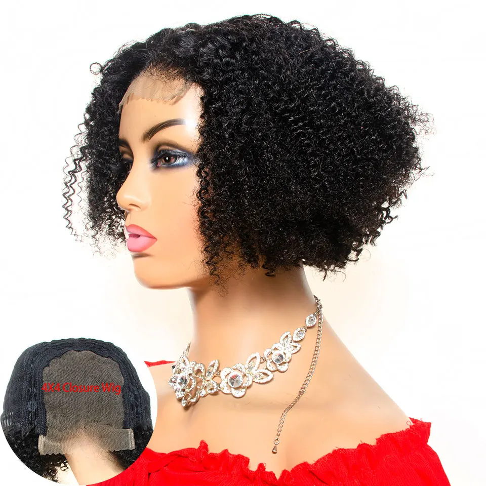 Aliballad 4x4 Lace Closure Wig Remy Mongolian Afro Kinky Curly Wigs Short Human Hair Wigs For Women 150% Density Lace Front Wigs