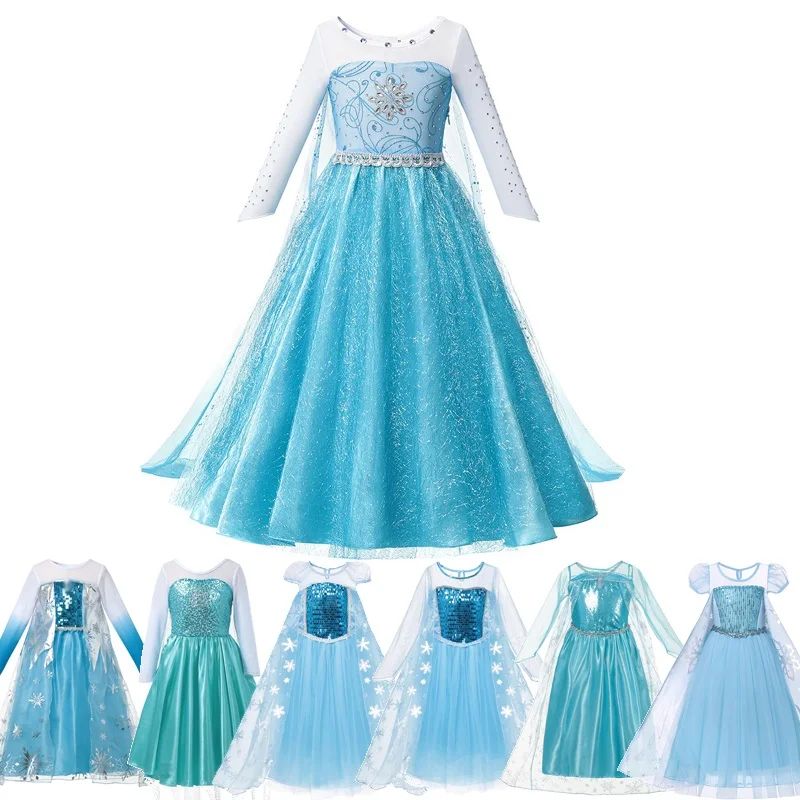 

MUABABY Girls Elsa Dress Up Fantasy Children Blue Sequined Snowflake Princess Costume Kids Elza Halloween Party Clothes