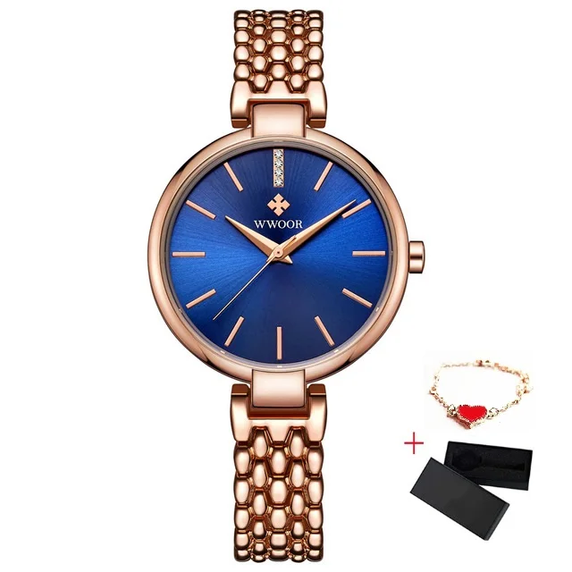 Blue With Box WWOOR, женские наручные часы для женщин, маленькие женские часы-браслет, водонепроницаемые кварцевые часы, розовое золото, женские наручные часы, reloj mujer - Цвет: Blue With Box