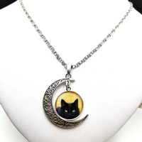 2020 fashion creative retro black cat cabochon glass moon pendant clavicle chain necklace birthday gift