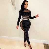 sexy sheer mesh velvet patchwork rhinestones skinny jumpsuits women high neck full sleeve overalls transparent party catsuits