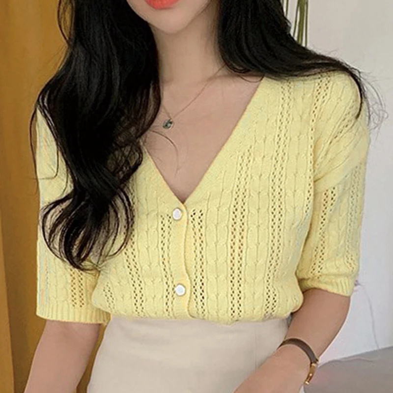 

Summer Low V-Neck Sexy Knitted Single-Breasted Solid Color Wide Loose Shirt Yellow One Size