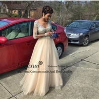 sexy v neck prom dresses 2020 a line half sleeve with beaded women tull long evening party gown custom made robe de soir%c3%a9e