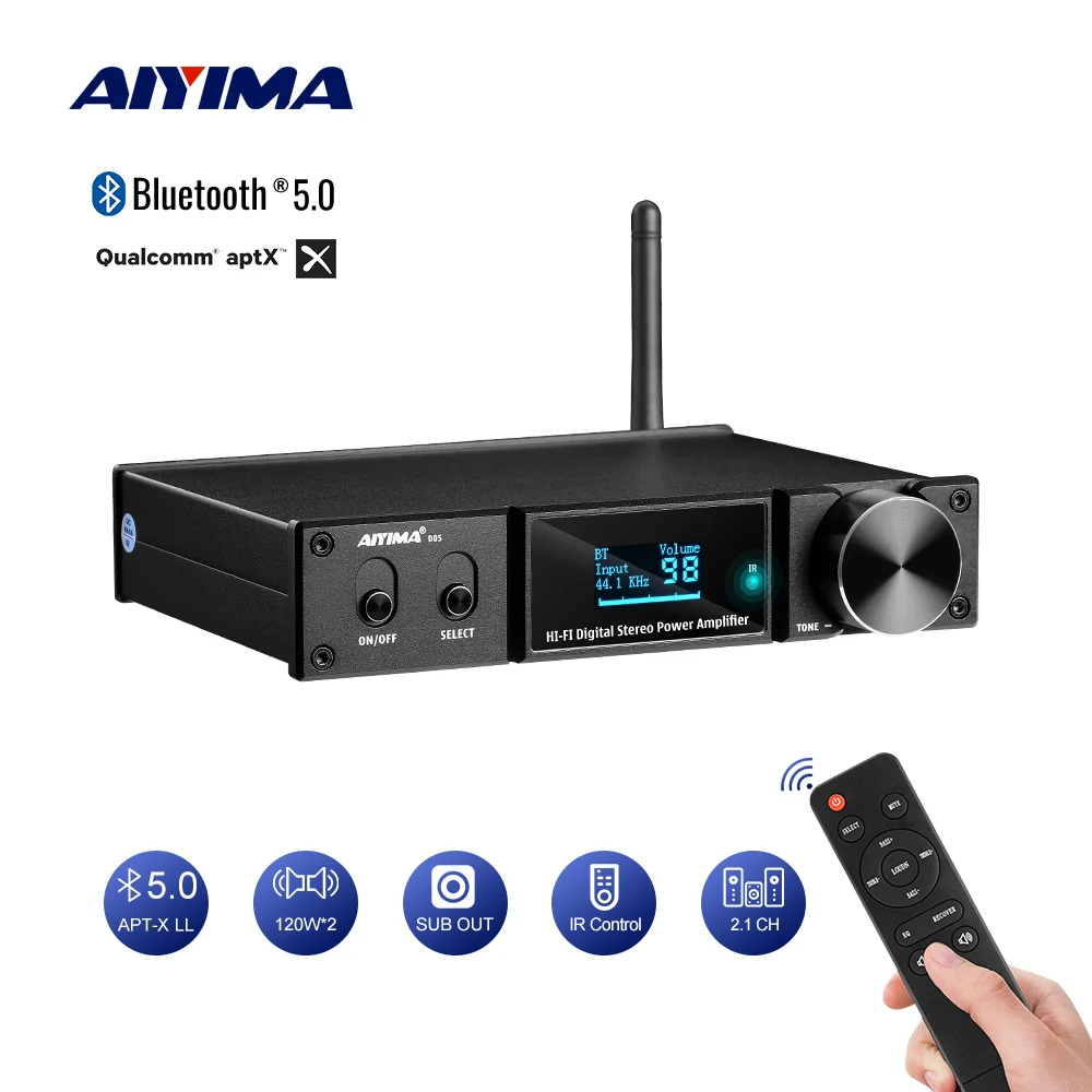 

AIYIMA Bluetooth 5.0 Power Amplifier 120Wx2 Digital Sound Amplificador Subwoofer Amplifier USB DAC OLED APTX 2.1 Home Theater