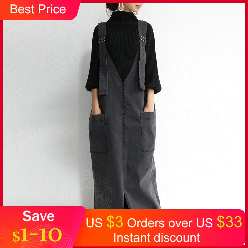 Женское джинсовое платье с подтяжками длинное макси в Корейском стиле размера