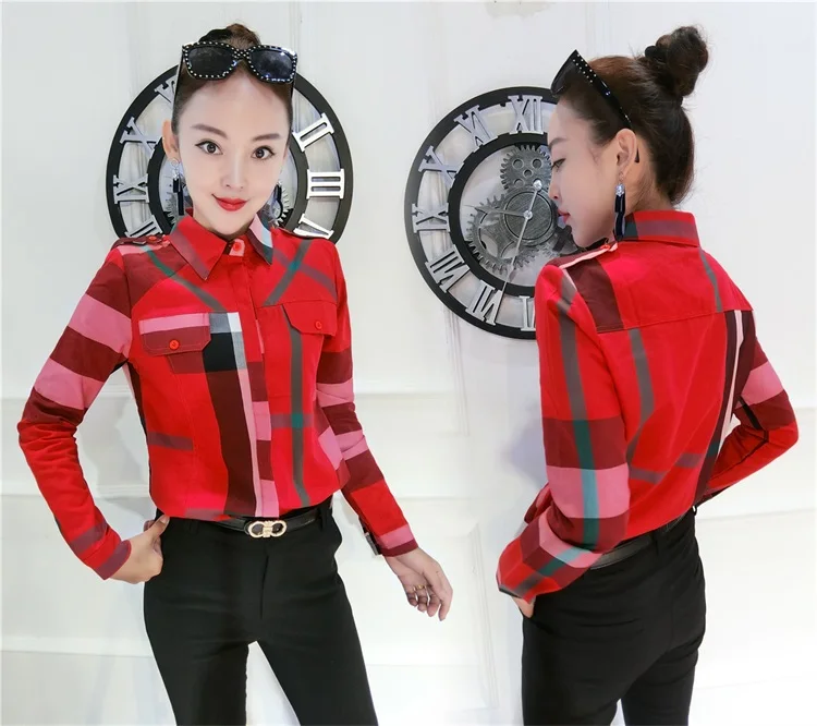 Женская хлопковая рубашка в клетку с длинным рукавом повседневная одежда для