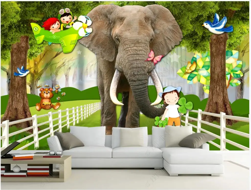 

Custom photo wallpaper for walls 3 d murals Beautiful Cartoon children's room forest elephant tree background wall painting